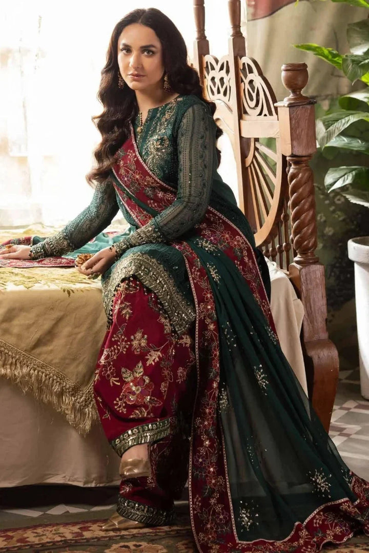 Luxury Embroidered 3-Piece Suit – Deep Green &amp; Maroon | Ready To Wear