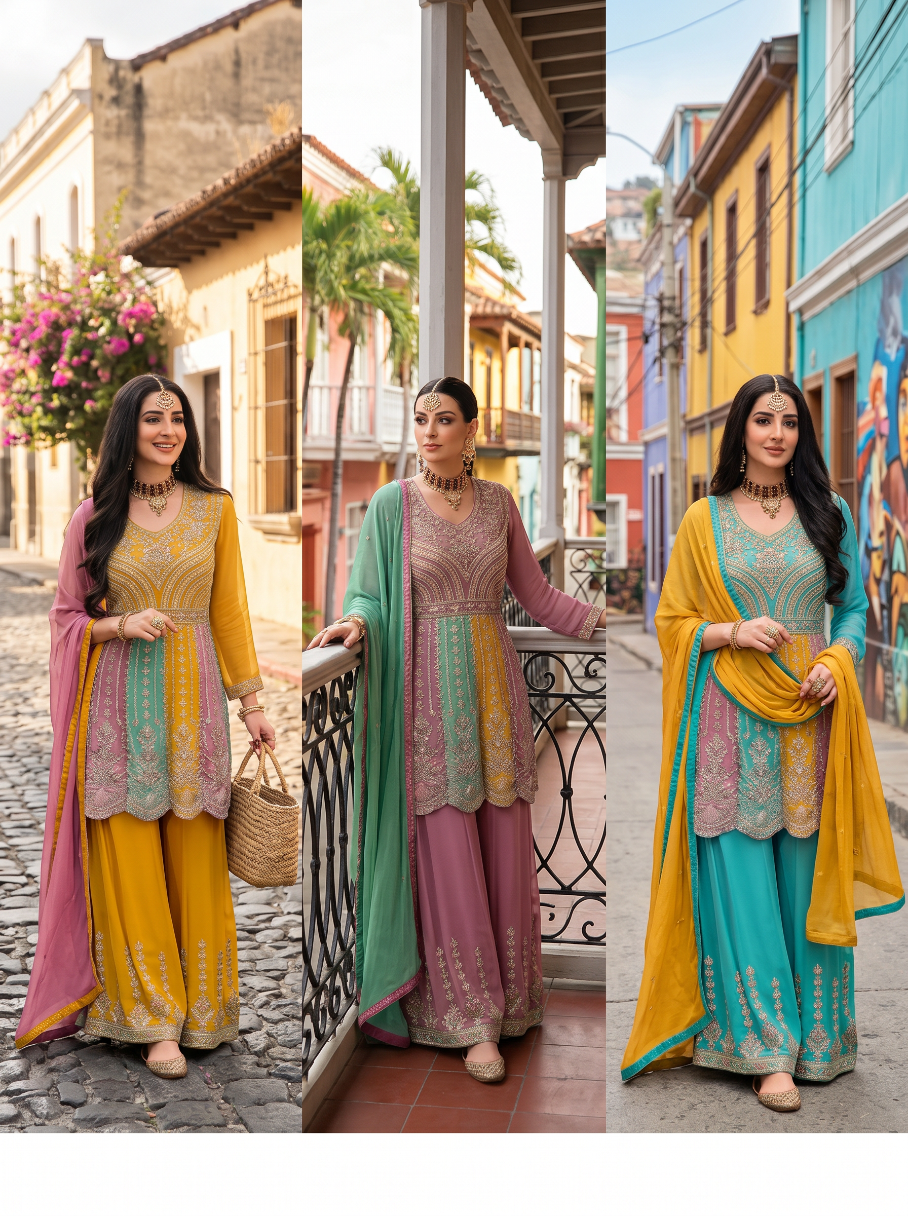 Multi Chinon Embroidery Work Suit Stitched