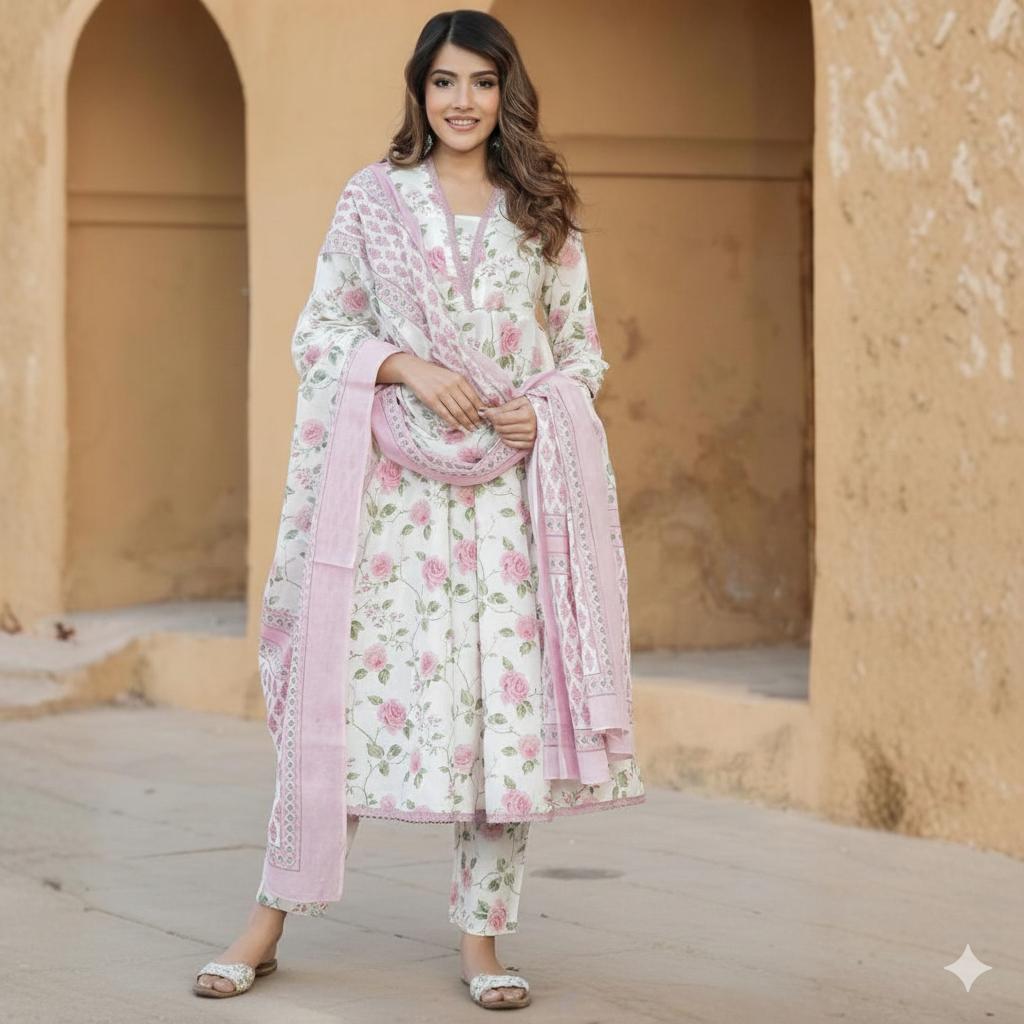 Stylish Printed Cotton 3pcs Suit For Women  003