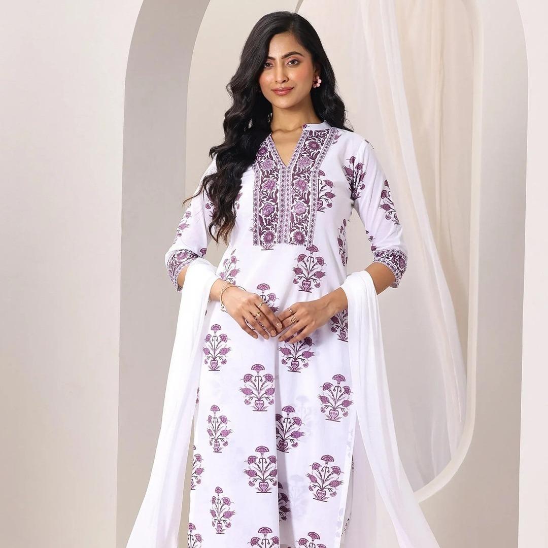 White Printed Cotton 3PCS Suit For Women
