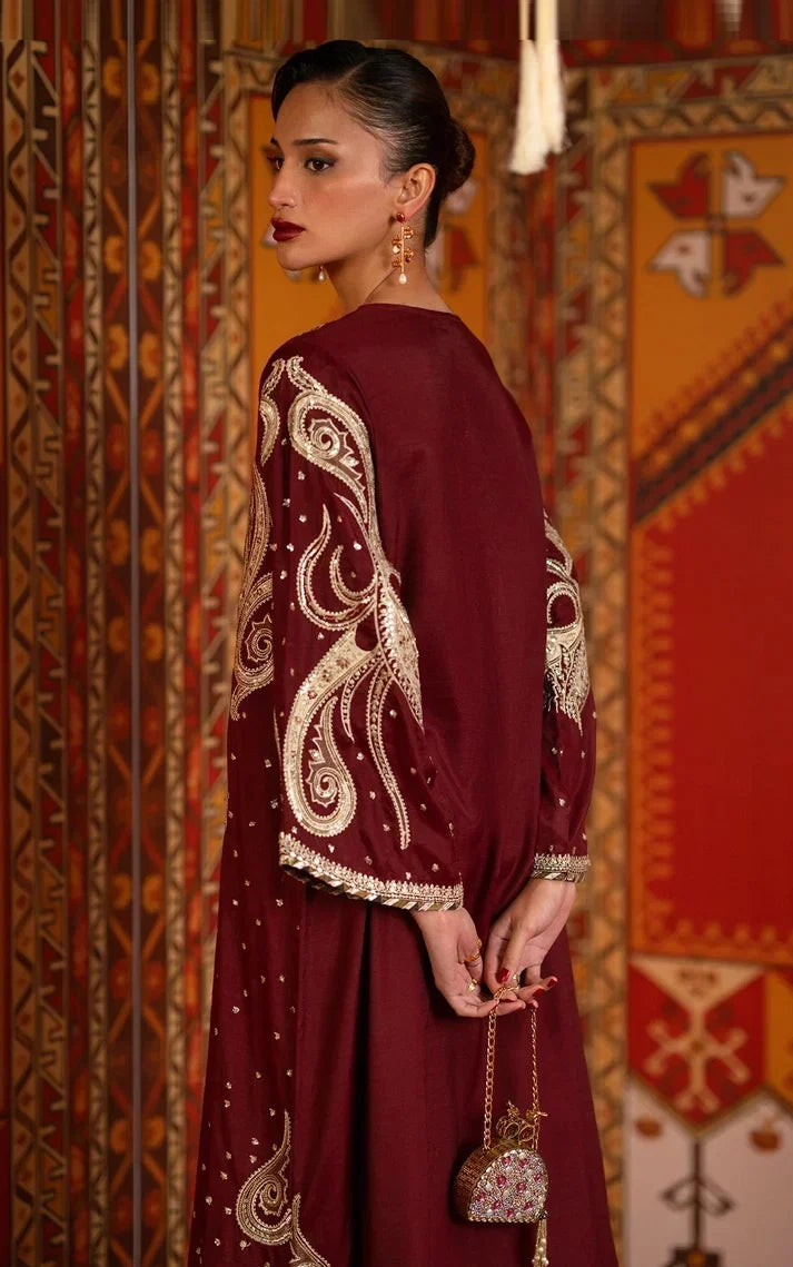 Deep Maroon &amp; Gold Accent: Charmoush Embroidered Silk Kaftan | Ready To Wear