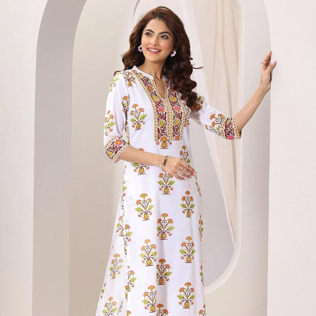 White Printed Cotton 3PCS Suit For Women