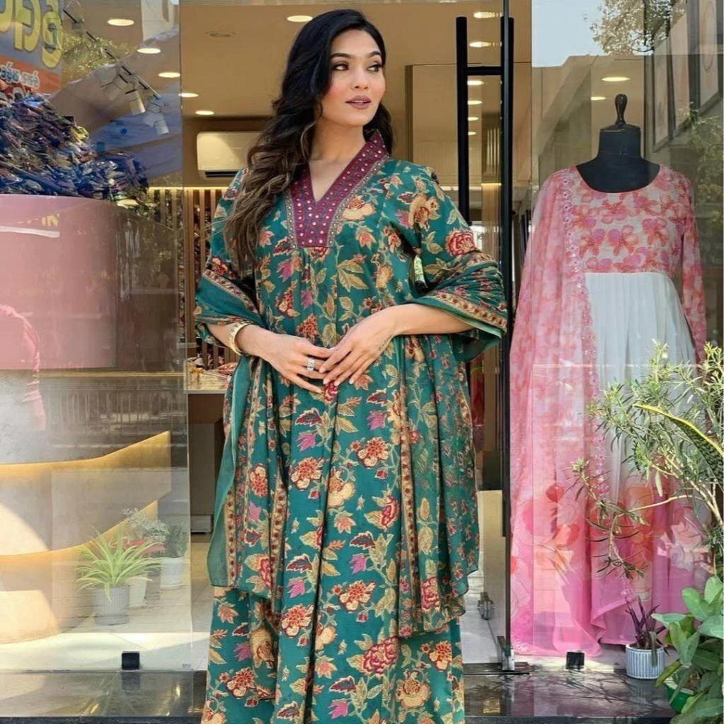 Designer Cotton Anarkali 3Pcs Gown Set For Women 003