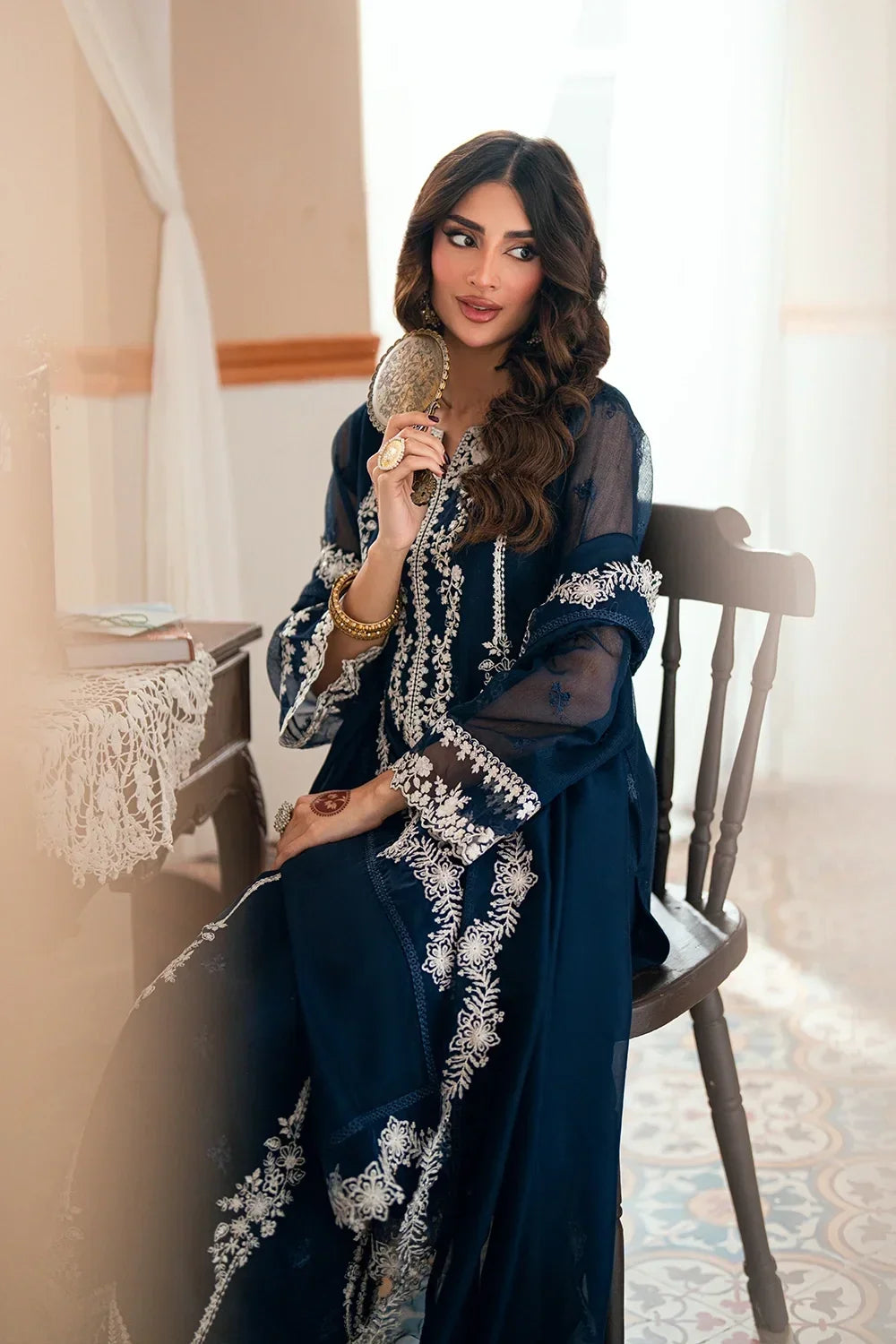 Navy Blue &amp; Crisp White: Embroidered Chiffon Suit | Ready To Wear