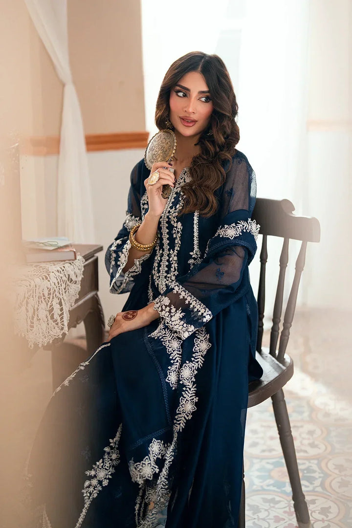 Navy Blue &amp; Crisp White: Embroidered Chiffon Suit | Ready To Wear