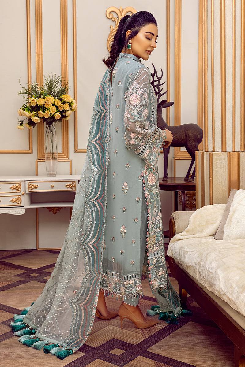 Muted Sage Teal &amp; Ivory Accent: Embroidered Chiffon Suit | Ready To Wear