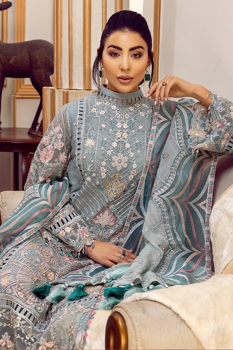 Muted Sage Teal &amp; Ivory Accent: Embroidered Chiffon Suit | Ready To Wear