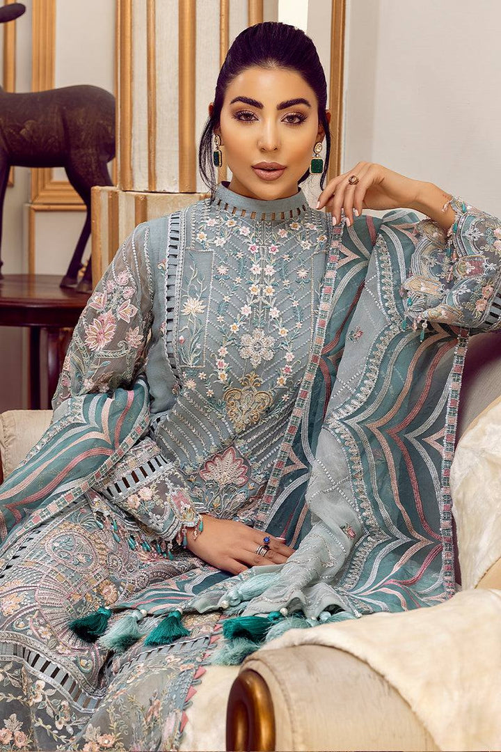 Muted Sage Teal &amp; Ivory Accent: Embroidered Chiffon Suit | Ready To Wear
