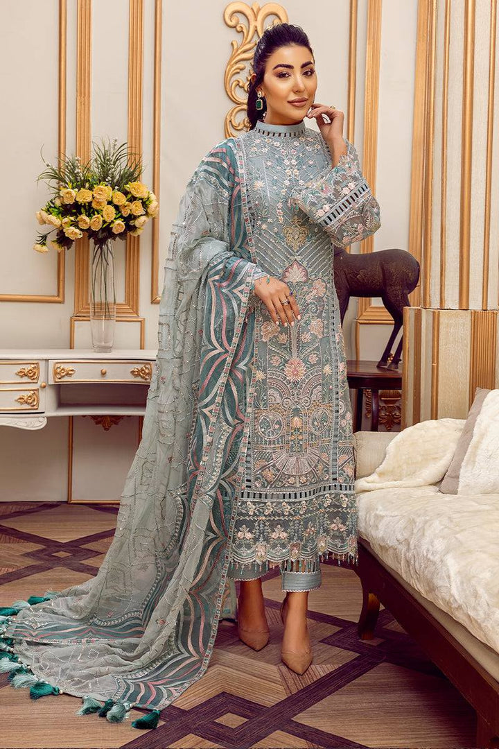 Muted Sage Teal &amp; Ivory Accent: Embroidered Chiffon Suit | Ready To Wear