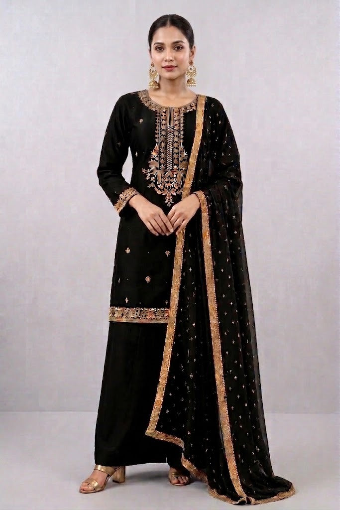 Black Sheesha Silk 3-Piece Formal Suit - front, wide trouser
