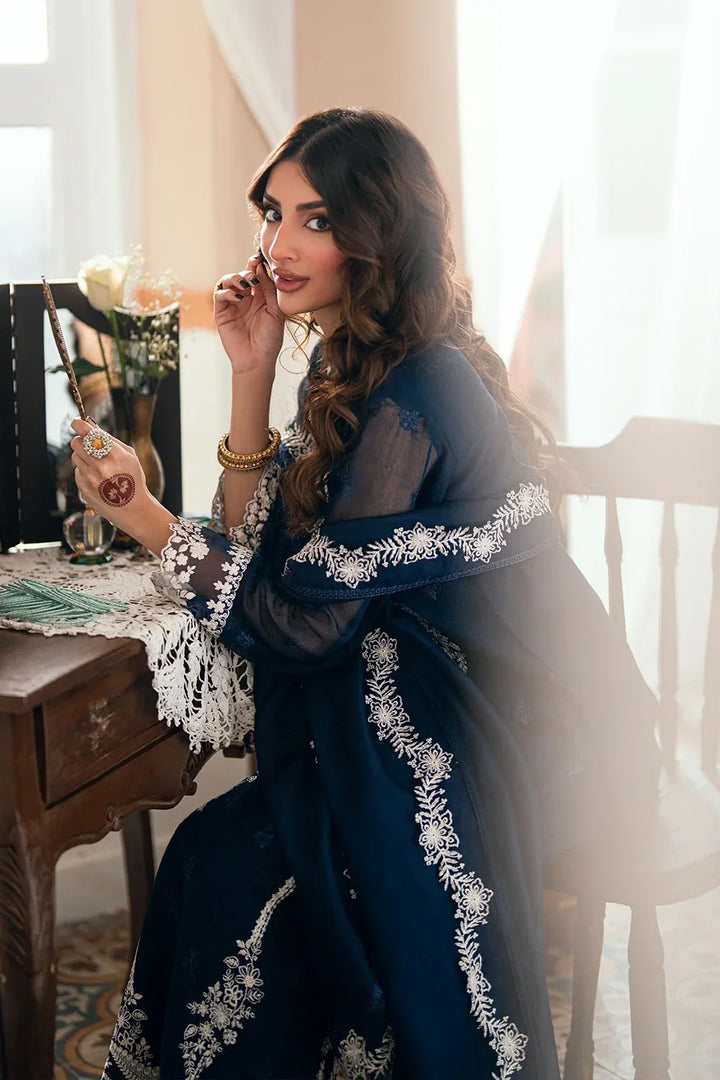 Navy Blue &amp; Crisp White: Embroidered Chiffon Suit | Ready To Wear