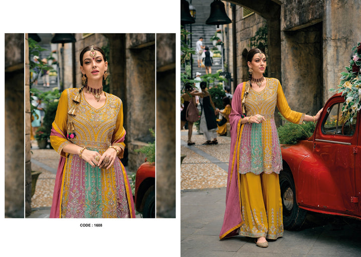 Multi Chinon Embroidery Work Suit Stitched