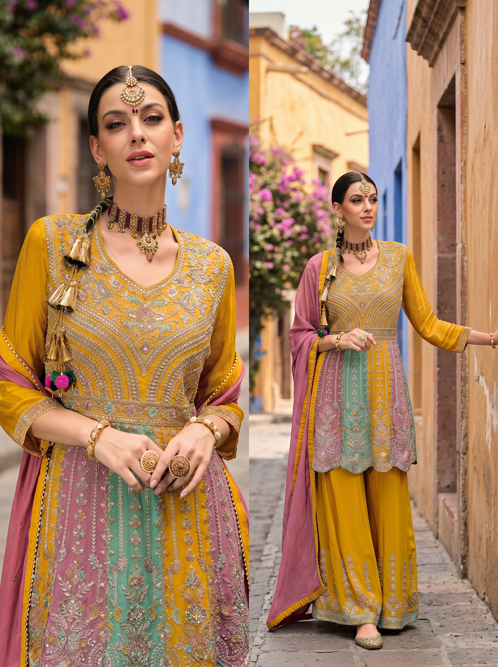 Multi Chinon Embroidery Work Suit Stitched