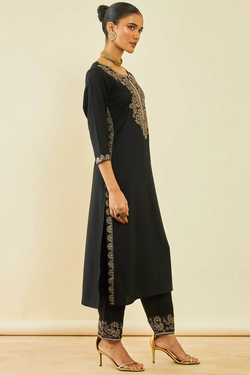 Rayon Floral and Paisley Embroidered Straight Kurta Set