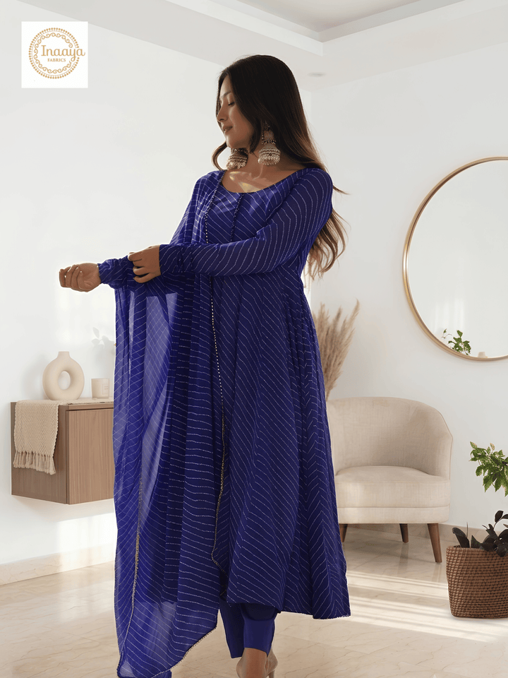 Royal Blue Georgette Printed Anarkali Dress With Pant & Dupatta