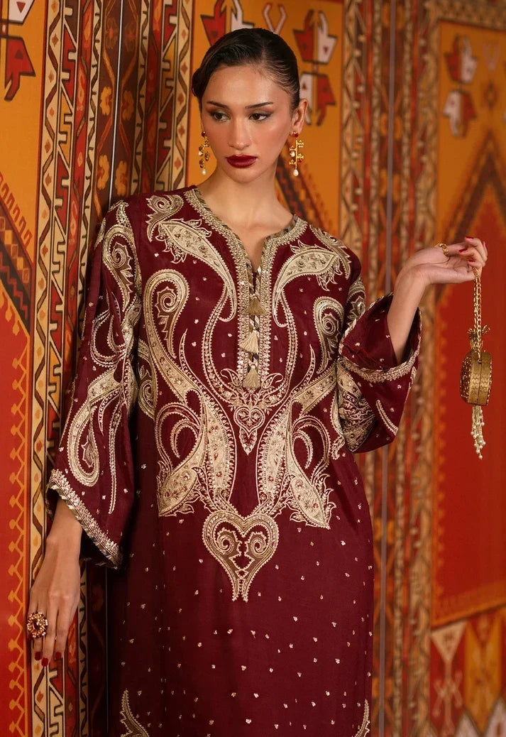 Deep Maroon &amp; Gold Accent: Charmoush Embroidered Silk Kaftan | Ready To Wear