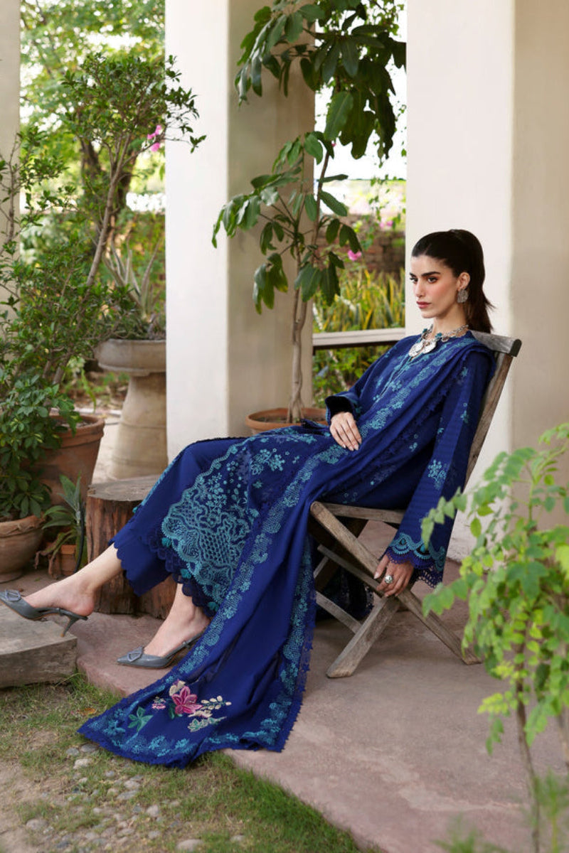 Royal Blue Embroidered Lawn Suit with Chiffon Dupatta | Ready To Wear