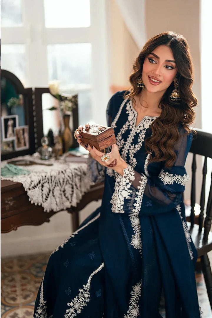 Navy Blue &amp; Crisp White: Embroidered Chiffon Suit | Ready To Wear
