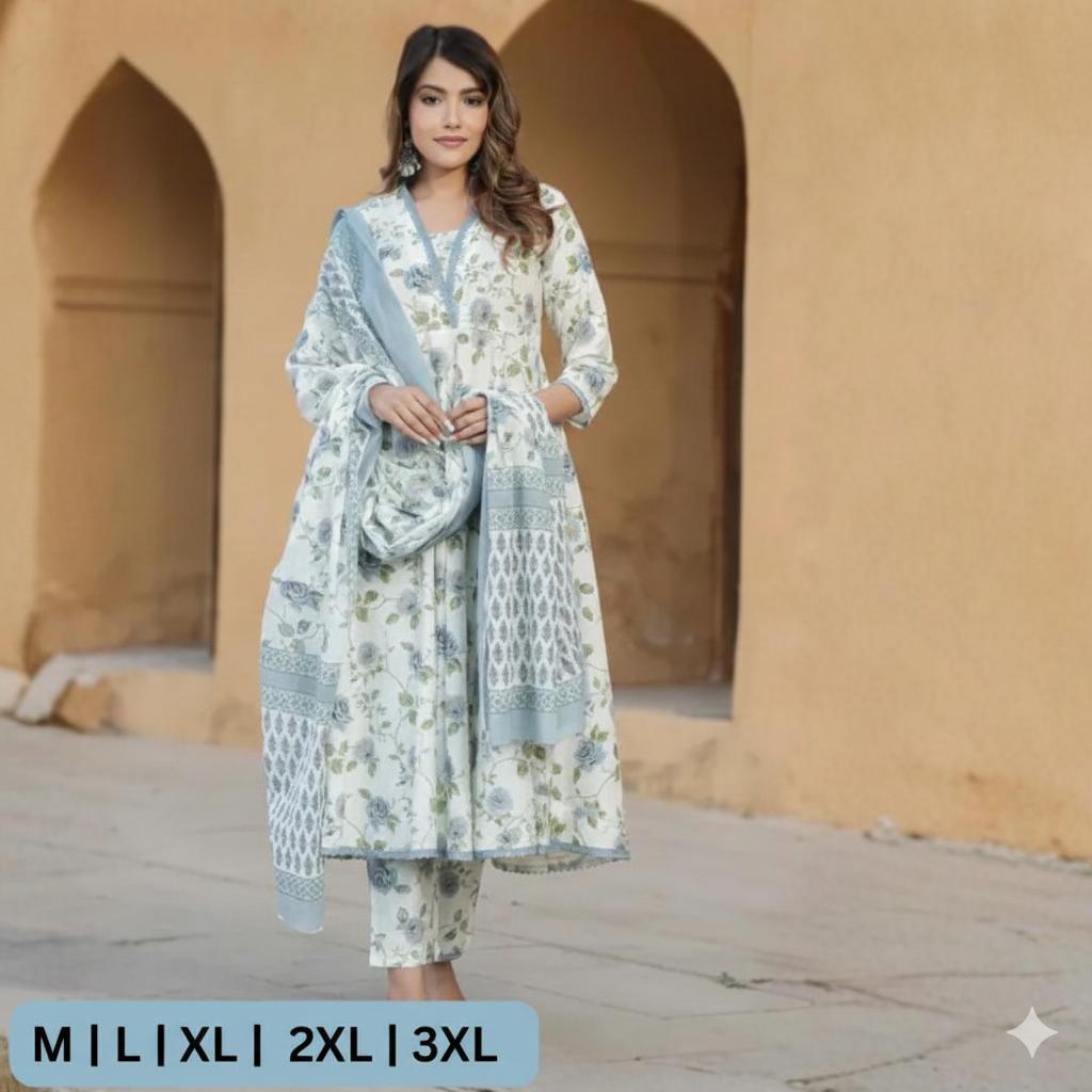 Stylish Printed Cotton 3pcs Suit For Women  003