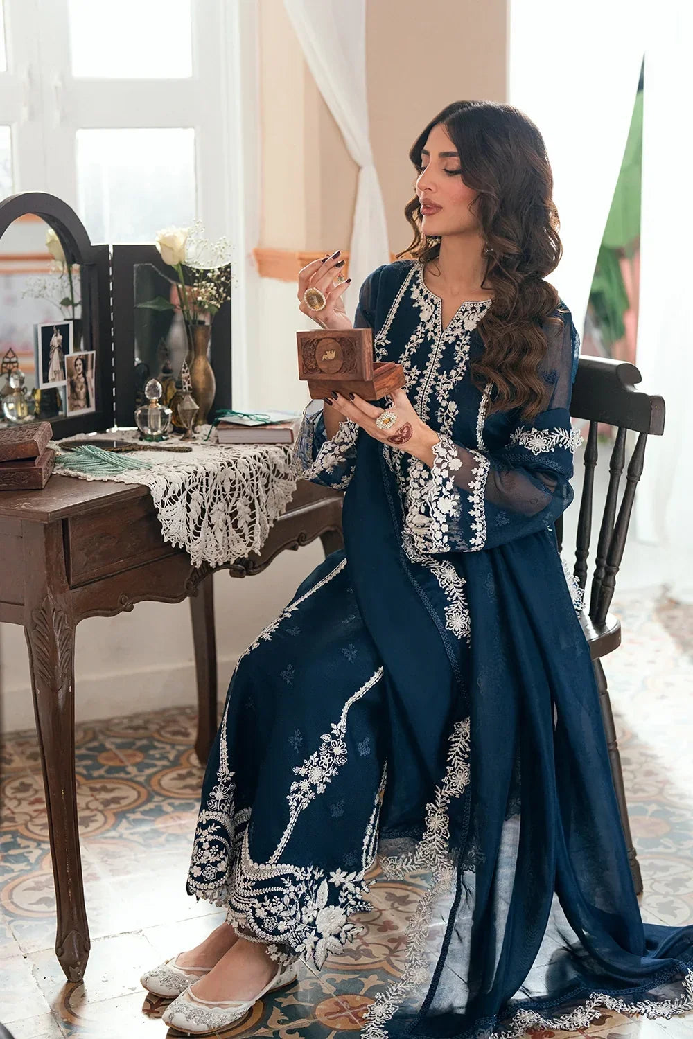 Navy Blue &amp; Crisp White: Embroidered Chiffon Suit | Ready To Wear