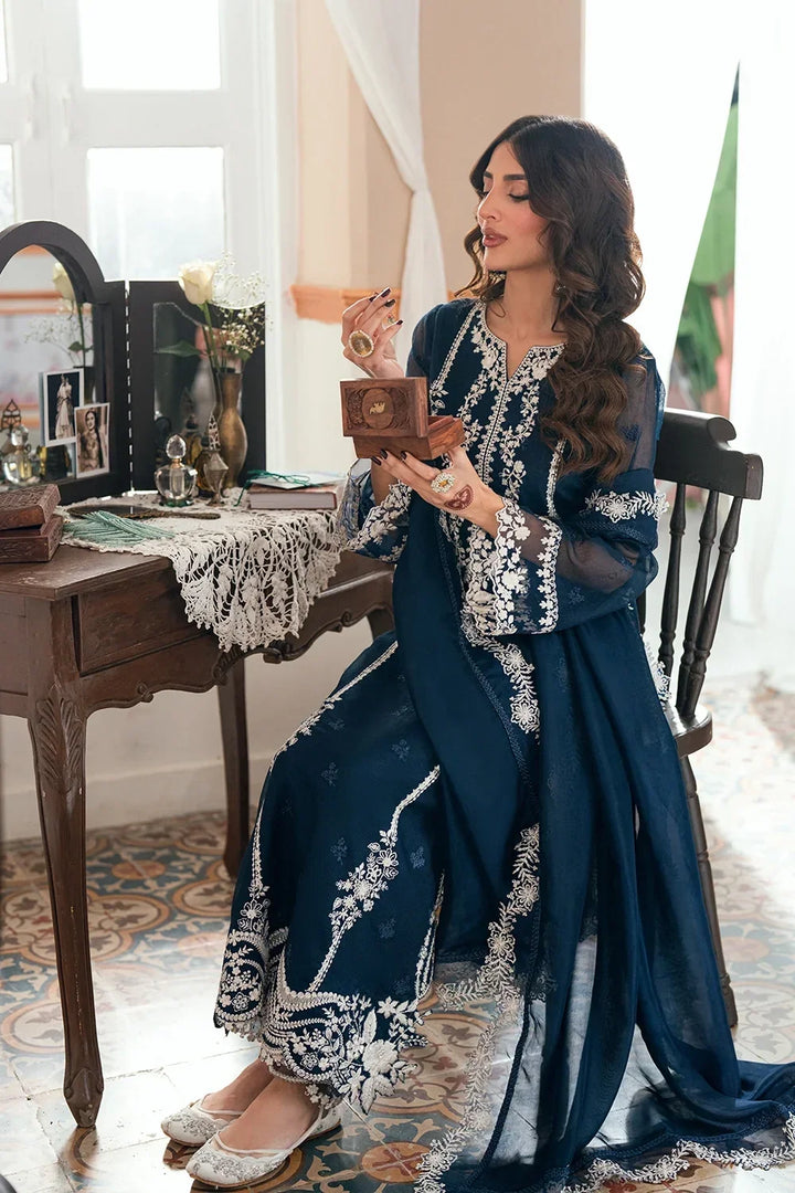 Navy Blue &amp; Crisp White: Embroidered Chiffon Suit | Ready To Wear