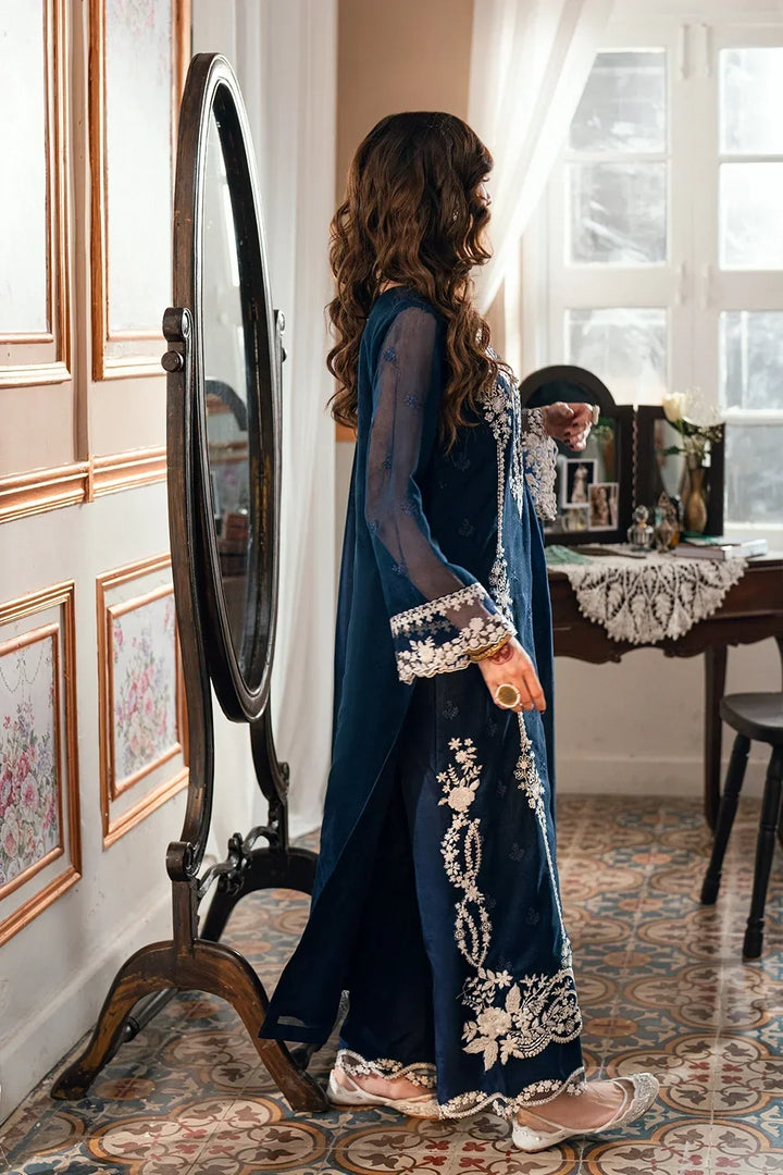 Navy Blue &amp; Crisp White: Embroidered Chiffon Suit | Ready To Wear