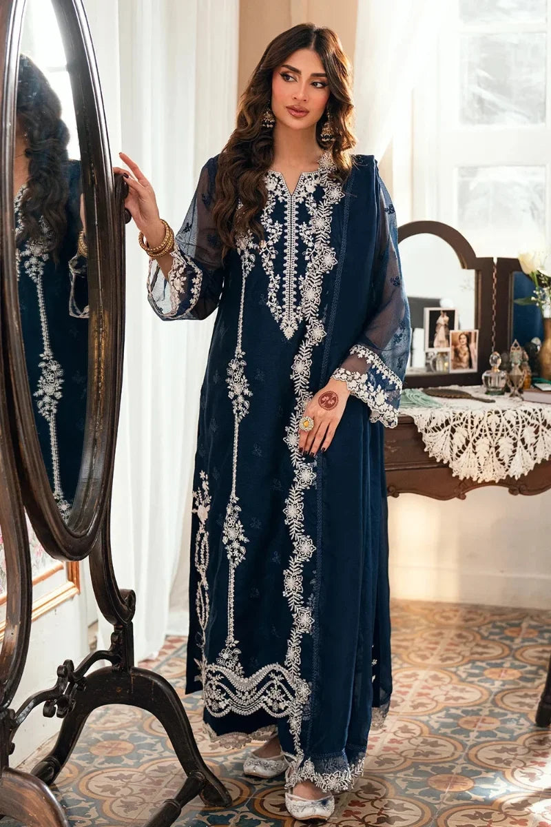Navy Blue &amp; Crisp White: Embroidered Chiffon Suit | Ready To Wear