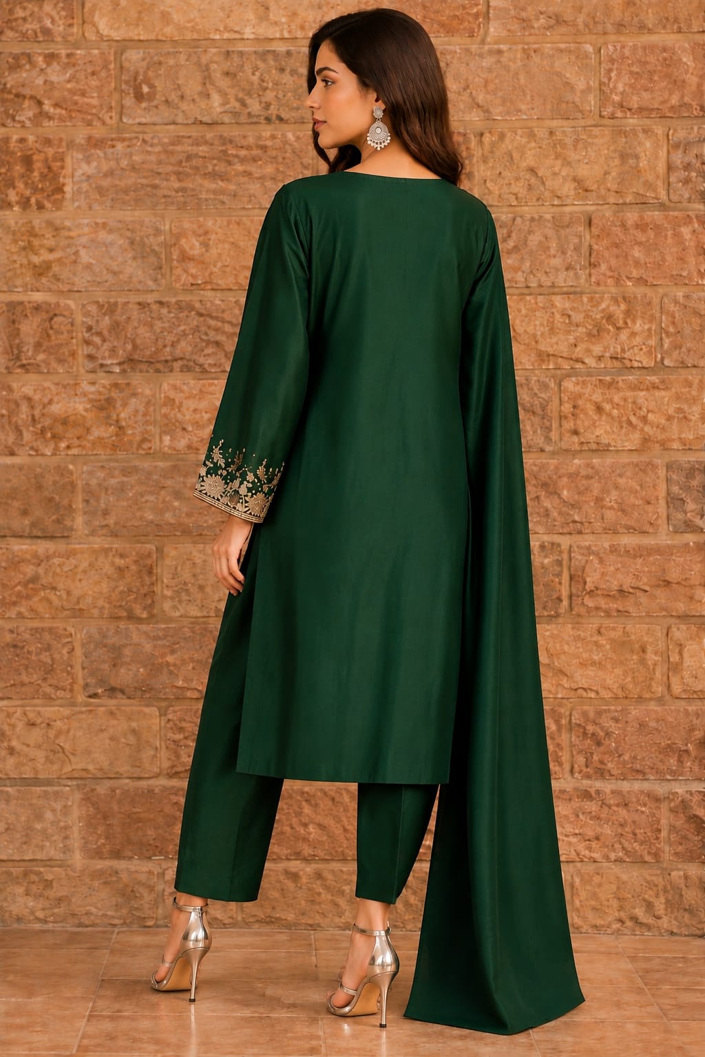 Dark Green Premium Shesha Silk 3-Piece Formal Suit - back