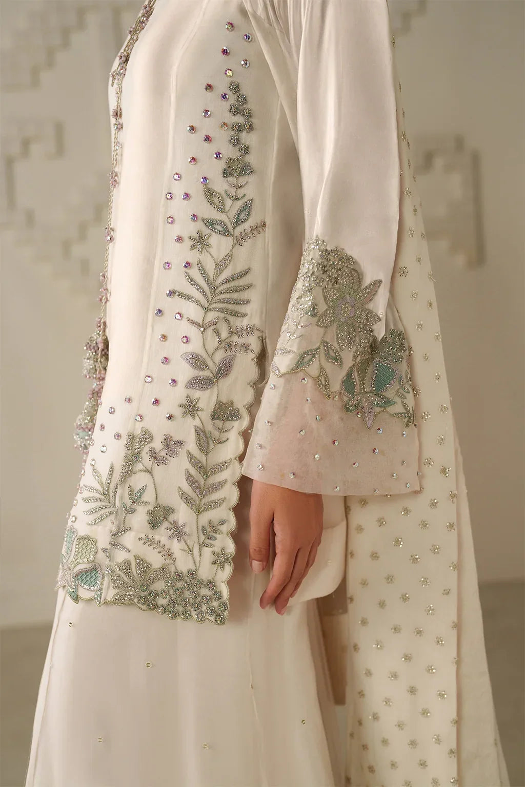Moonlight Ivory: Embroidered Chiffon Suit | Ready To Wear