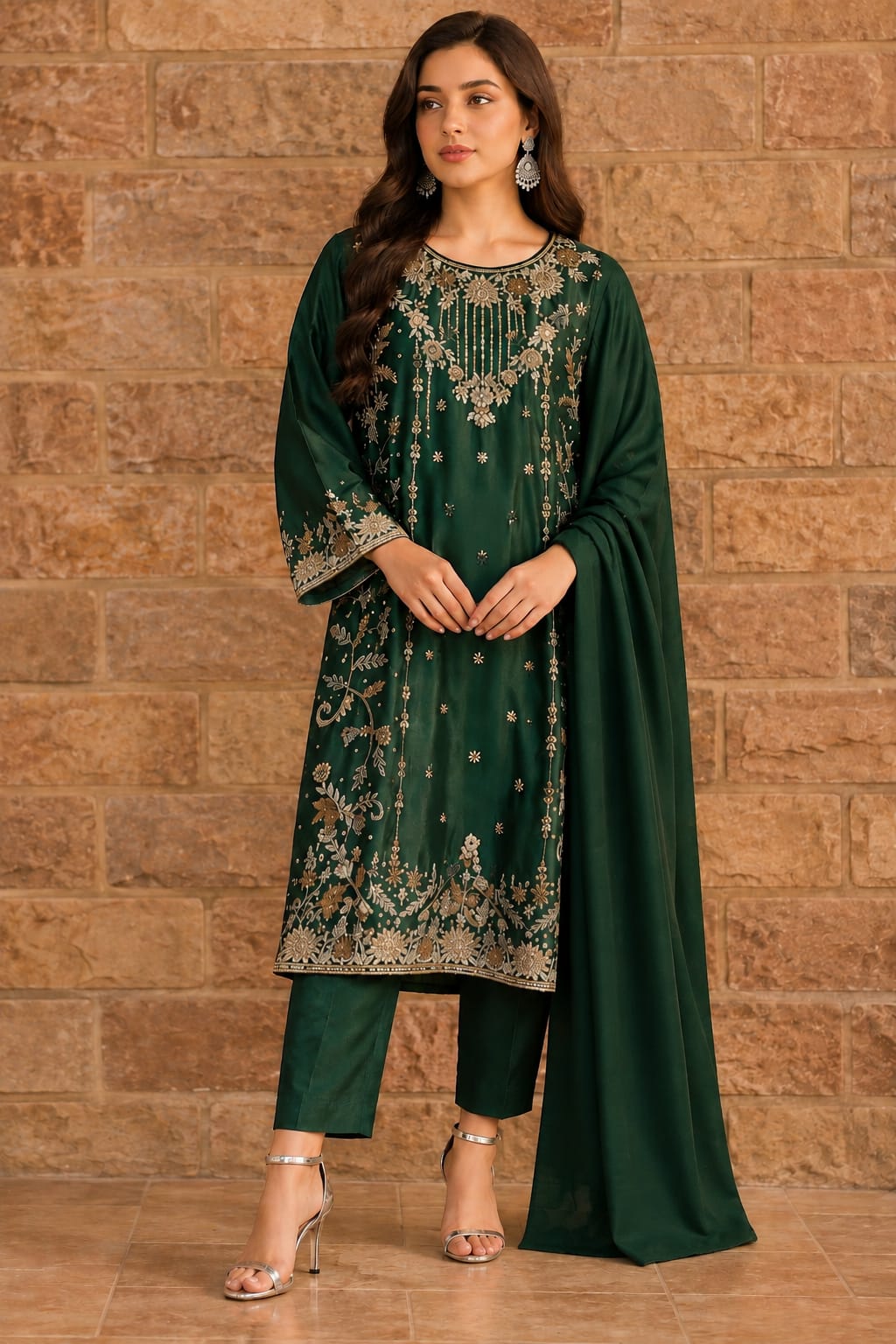 Dark Green Premium Shesha Silk 3-Piece Formal Suit - front