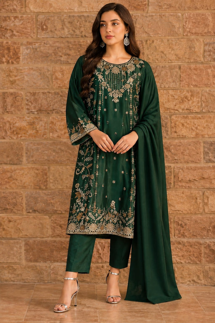 Dark Green Premium Shesha Silk 3-Piece Formal Suit - front