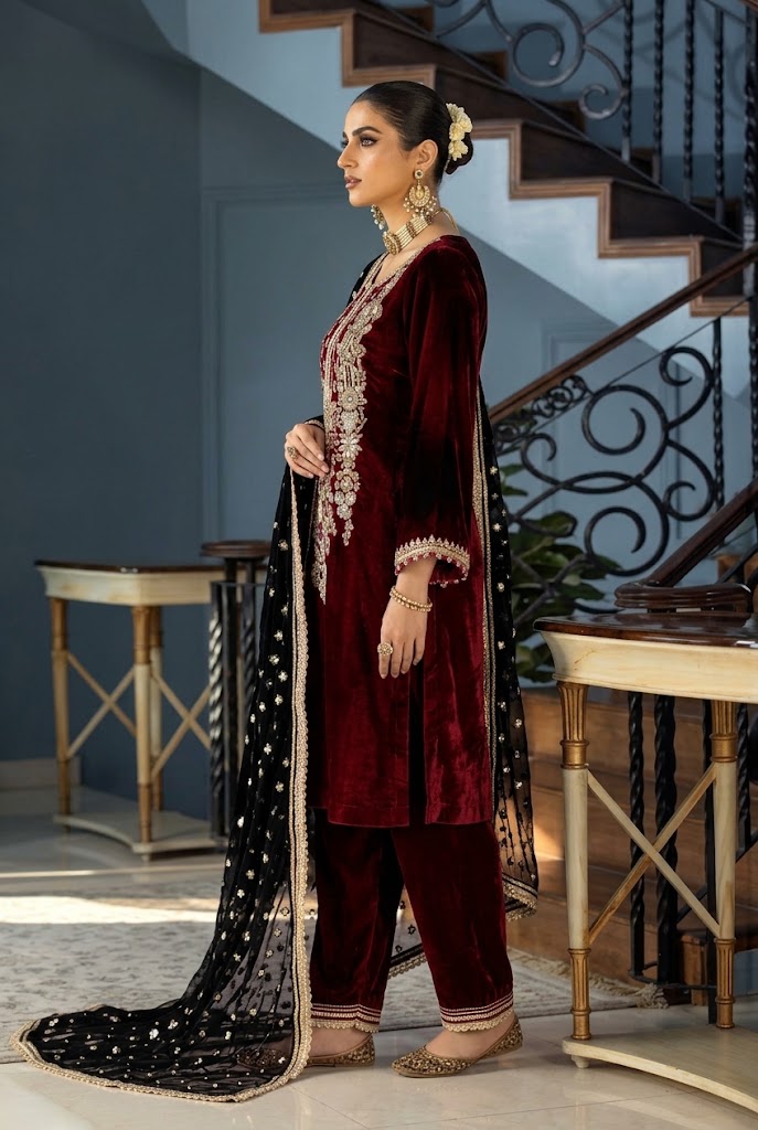 Royal Maroon &amp; Black: Embroidered Velvet Suit | Ready To Wear