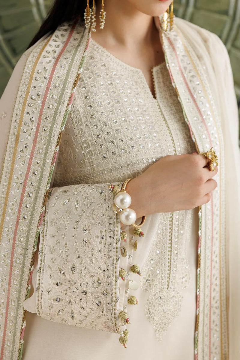 Elegant Ivory Semi Pure Chiffon Thread &amp; Sequence Embroidered Suit | ready to wear