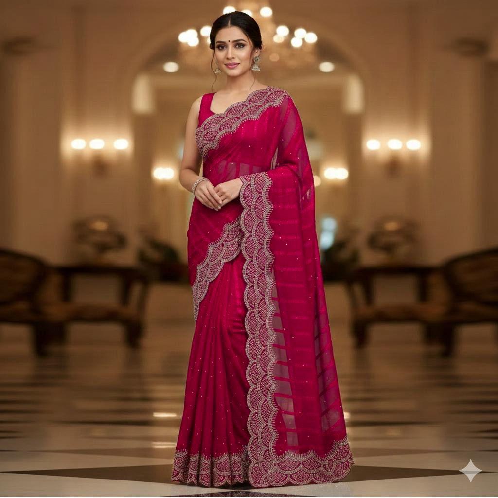 Stone Work Chiffon Georgette Material Saree Unstitched