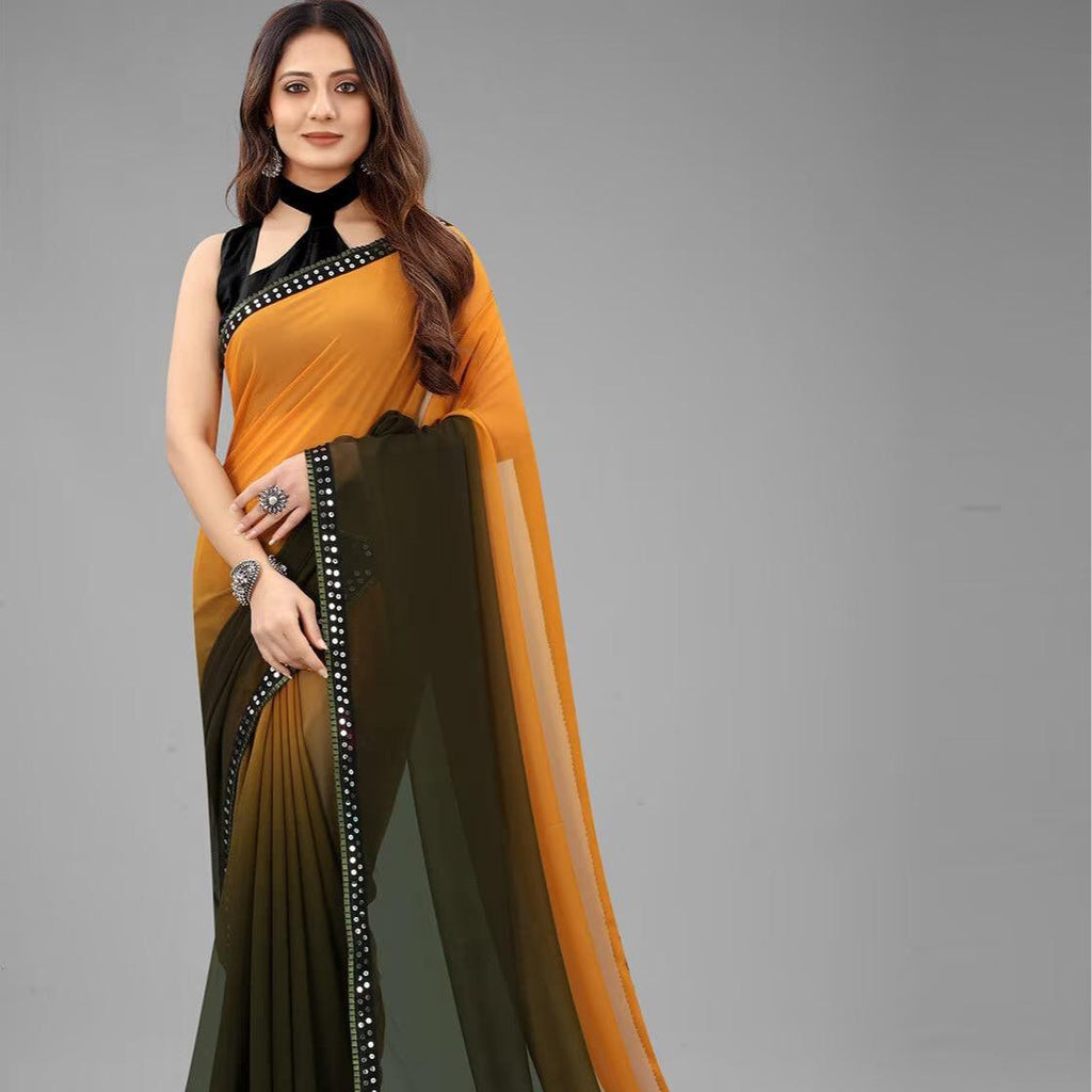 Unstitched Women's Ombré Georgette Saree with Mirror-Work Lace & Velvet Blouse Fabric