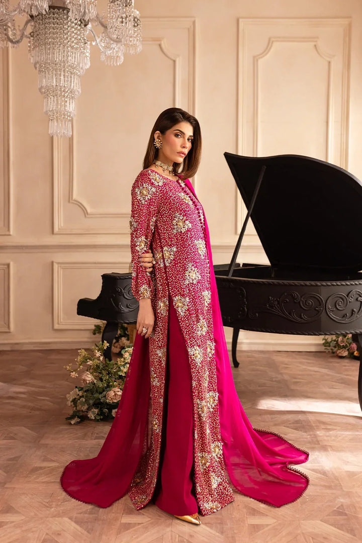 Hot Pink &amp; Shimmering Silver: Embroidered Chiffon Suit | Ready To Wear