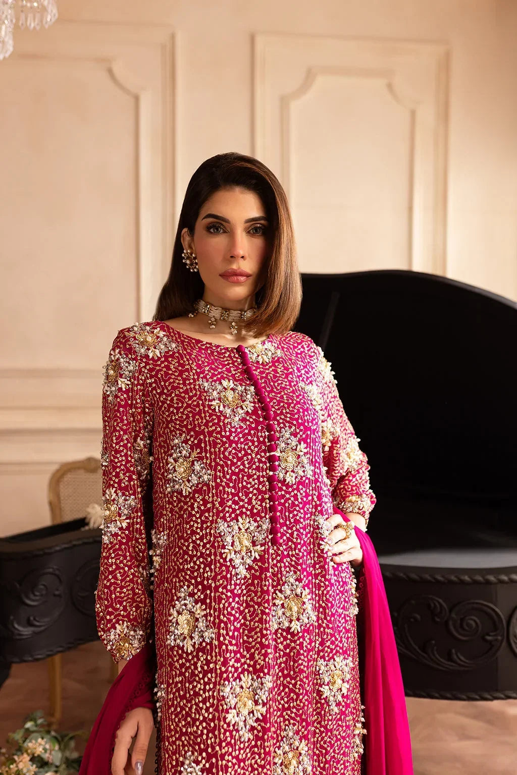 Hot Pink &amp; Shimmering Silver: Embroidered Chiffon Suit | Ready To Wear