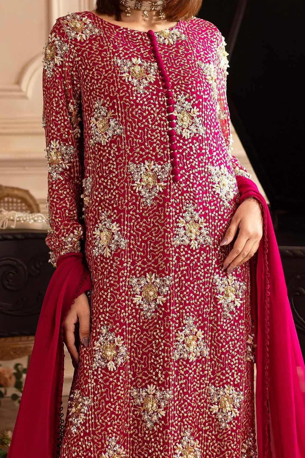 Hot Pink &amp; Shimmering Silver: Embroidered Chiffon Suit | Ready To Wear
