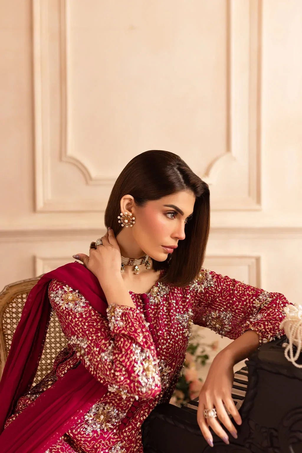 Hot Pink &amp; Shimmering Silver: Embroidered Chiffon Suit | Ready To Wear