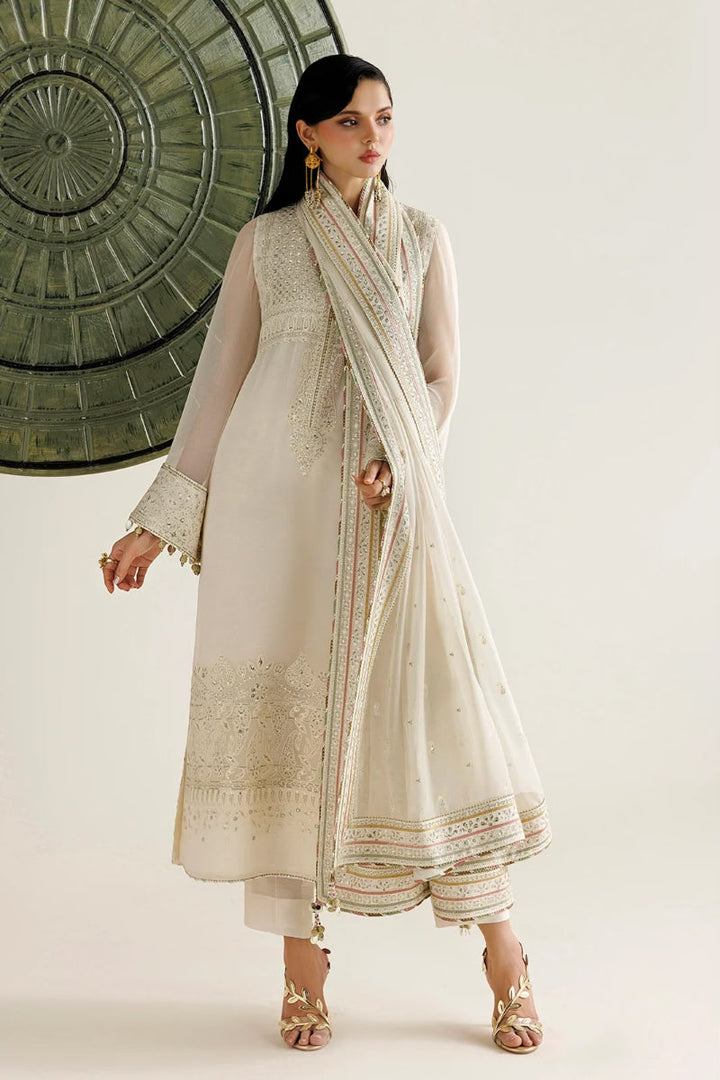 Elegant Ivory Semi Pure Chiffon Thread &amp; Sequence Embroidered Suit | ready to wear