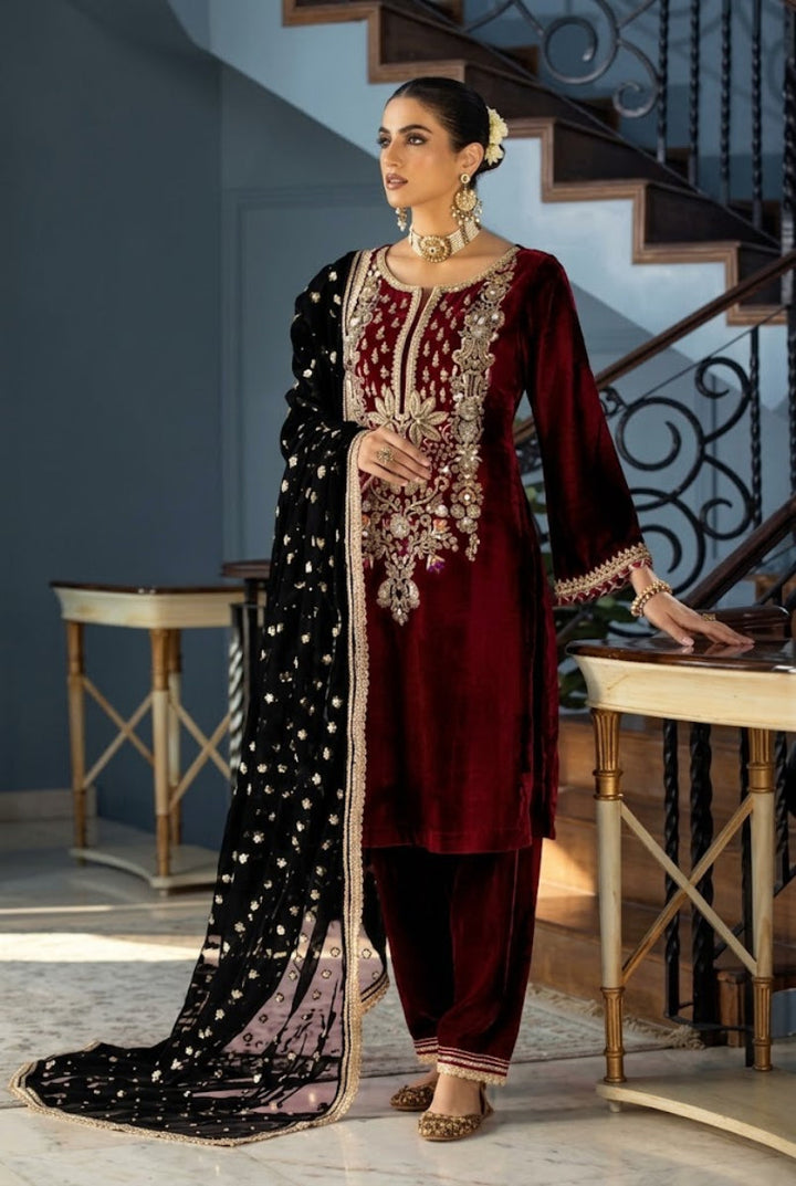 Royal Maroon &amp; Black: Embroidered Velvet Suit | Ready To Wear