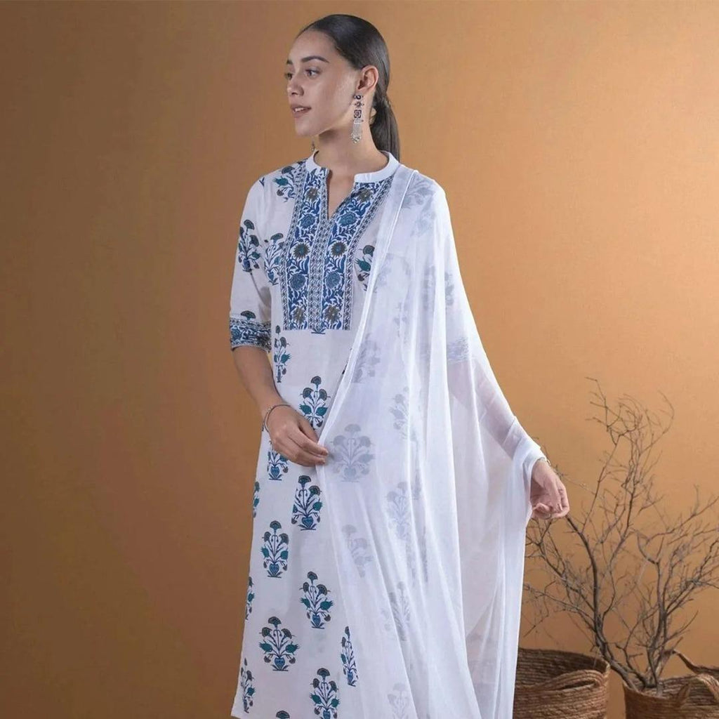 White Printed Cotton 3PCS Suit For Women