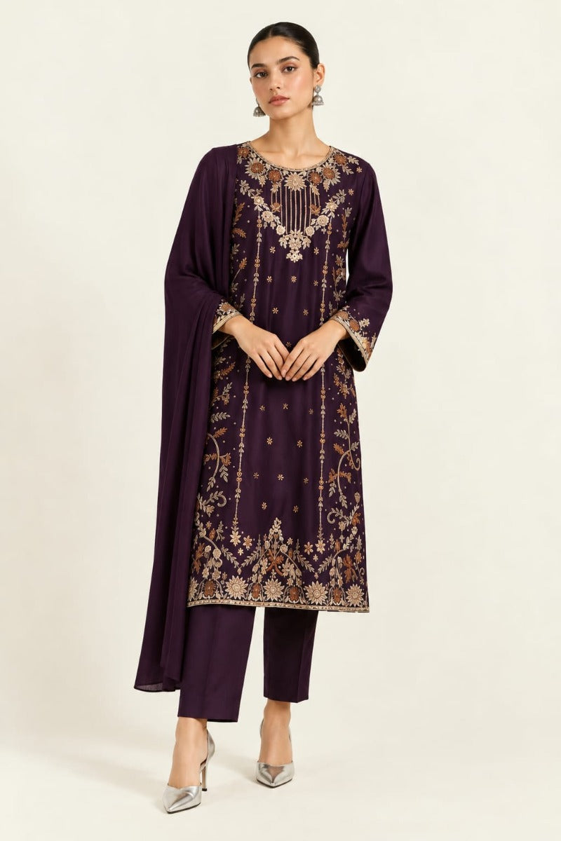 Dark Purple Premium Shesha Silk 3-Piece Formal Suit - front
