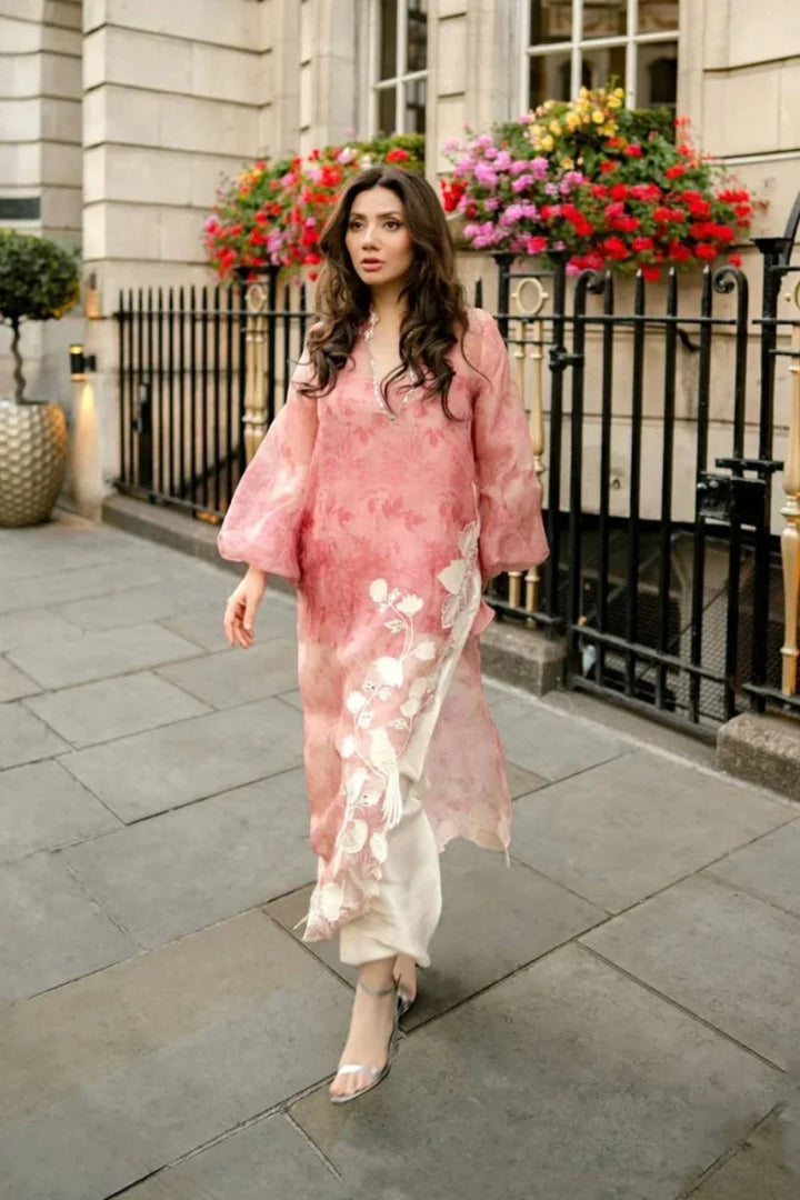 Rose Pink &amp; Ivory: Embroidered Sheesha Silk Suit | Ready To Wear