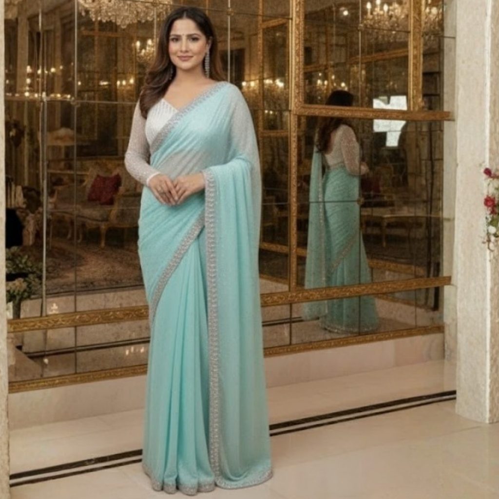 Georgette Saree with Blouse and Diamond Work For Women