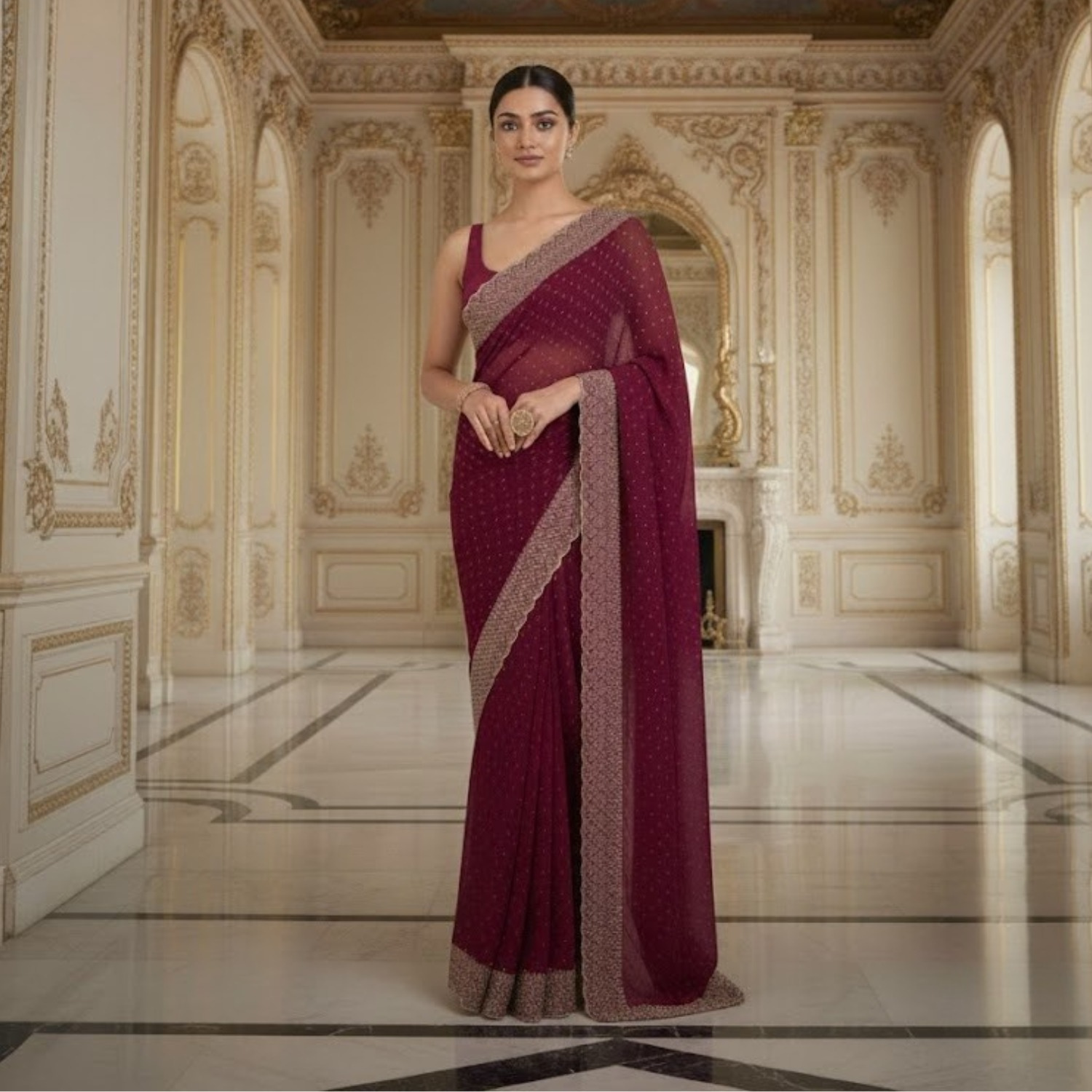 Fendy Silk With Beautiful Stone Work Saree For Women