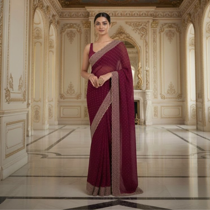 Fendy Silk With Beautiful Stone Work Saree For Women