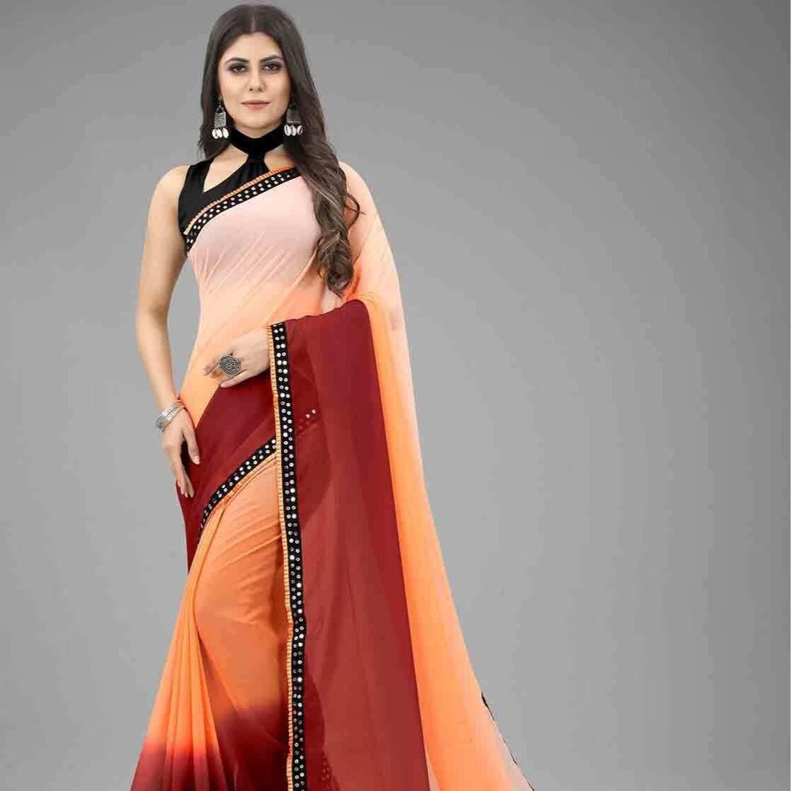Unstitched Women's Ombré Georgette Saree with Mirror-Work Lace & Velvet Blouse Fabric