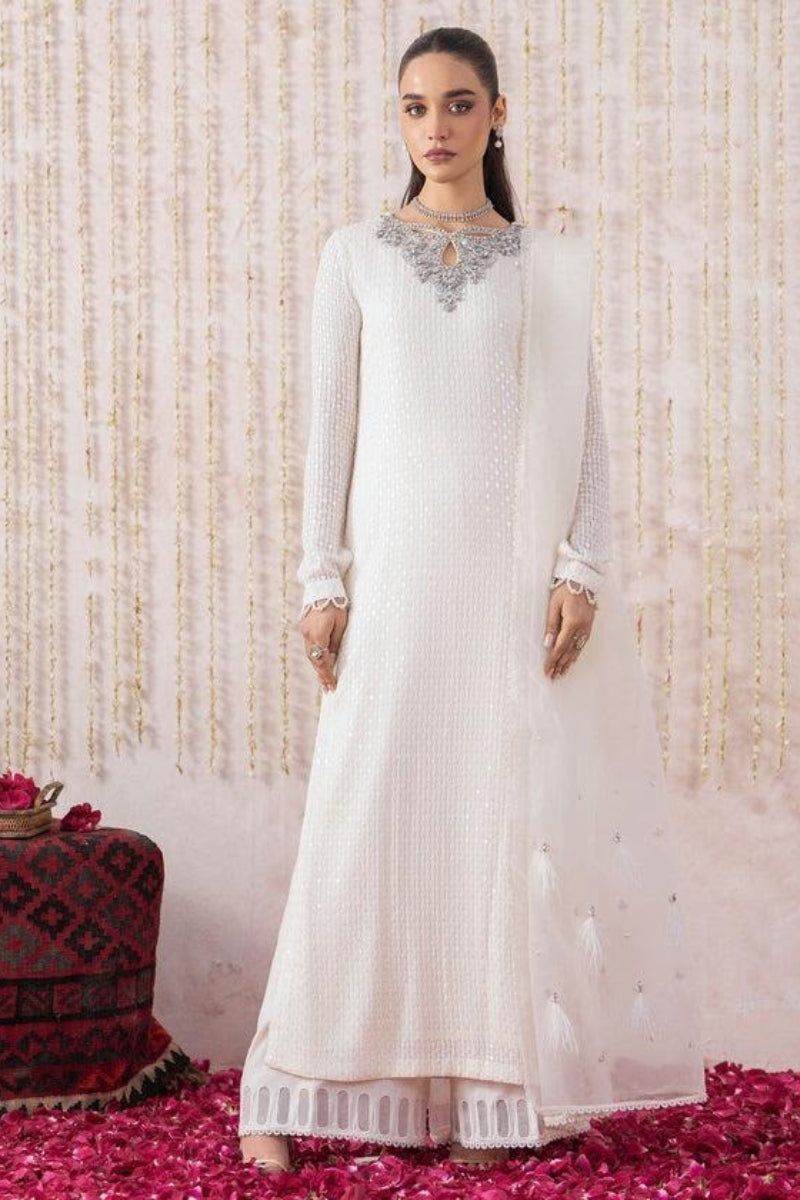 Ivory White Heavy Embroidered Chiffon 3-Piece Suit – Ready to Wear