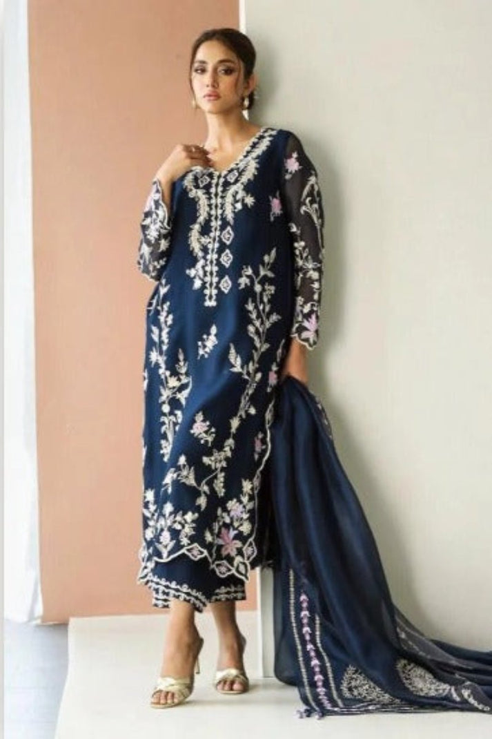 Organza Embroidered 3-Piece Suit With Hand Embellishment &amp; Silk Trouser | Ready To Wear